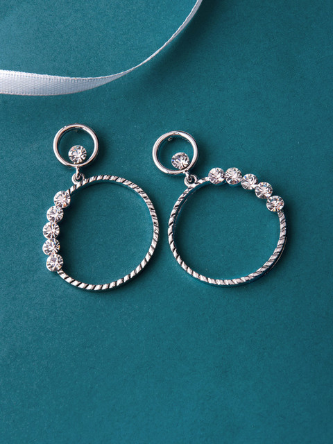 

Rubans Silver-Toned Handcrafted Circular CZ Studded Drop Earrings