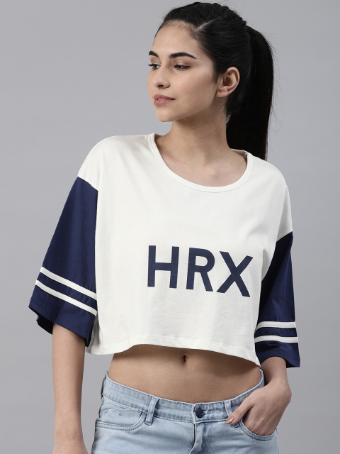 

HRX by Hrithik Roshan Women White Printed Round Neck Boxy Cropped T-shirt