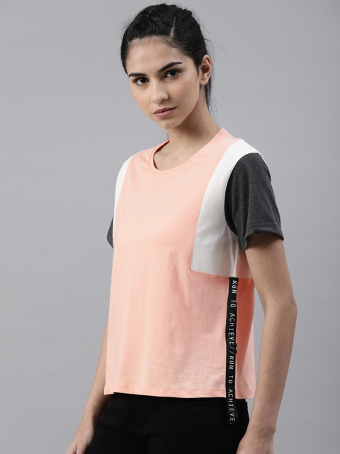 

HRX by Hrithik Roshan Women Peach-Coloured Solid Round Neck Boxy T-shirt