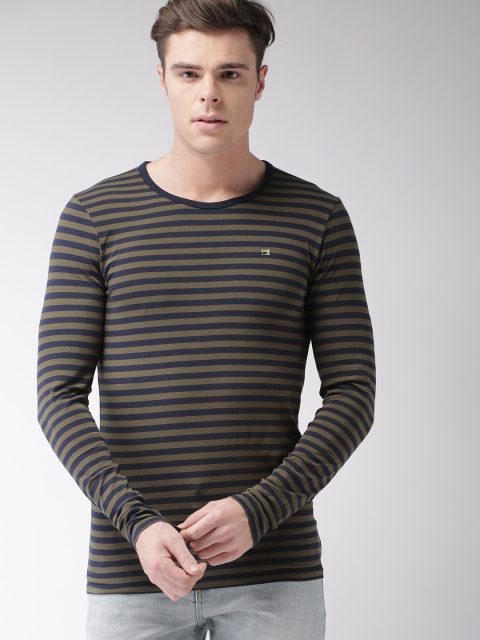

Scotch & Soda Men Olive Green & Navy Blue Striped Round Neck T-shirt