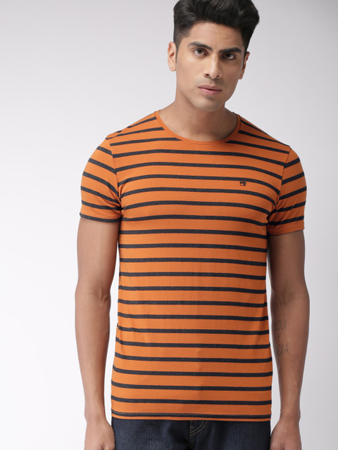 

Scotch & Soda Men Orange & Black Striped Round Neck T-shirt