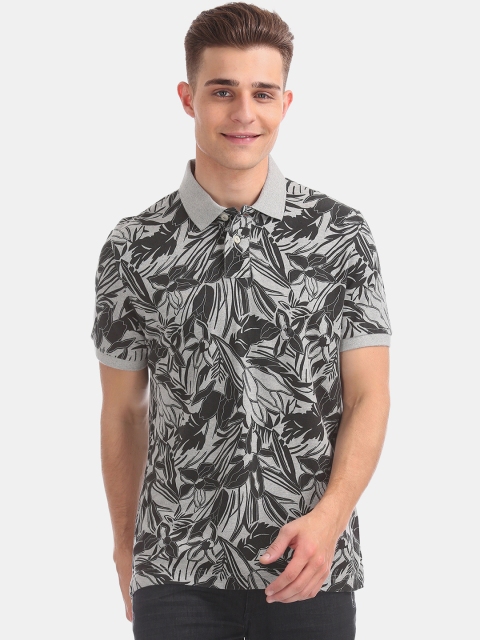 

Aeropostale Men Black Grey Floral Print Polo Collar Pure Cotton T-shirt