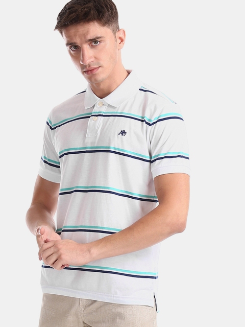 

Aeropostale Men White & Turquoise Blue Striped Polo Collar T-shirt