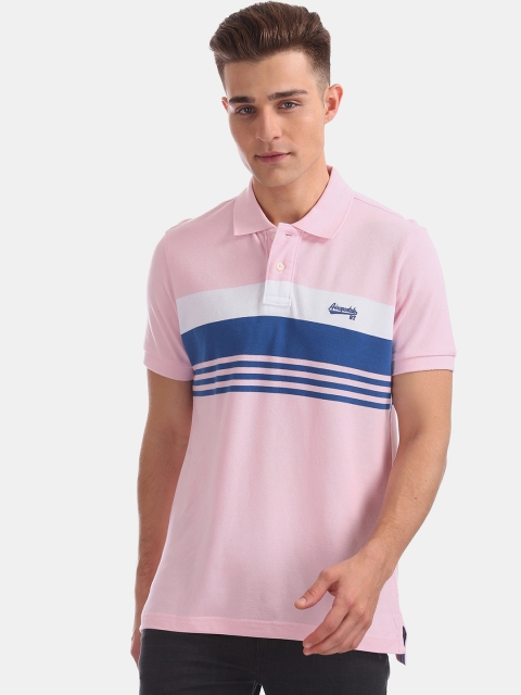 

Aeropostale Men Pink Striped Polo Collar T-shirt