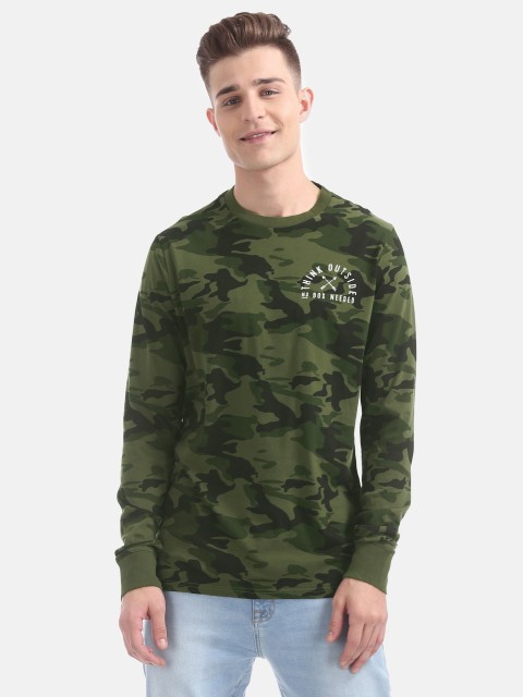

Aeropostale Men Olive Green& Black Camouflage Printed Round Neck T-shirt