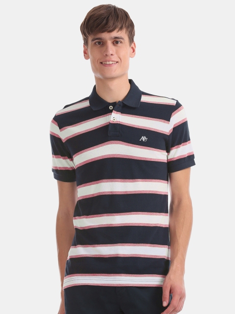 

Aeropostale Men Navy Blue & White Striped Polo Collar T-shirt