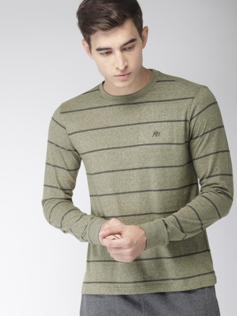 

Aeropostale Men Olive Green & Charcoal Grey Striped Round Neck T-shirt