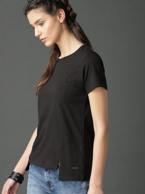 

Roadster Women Black Solid High-Low Top with Slit Hem
