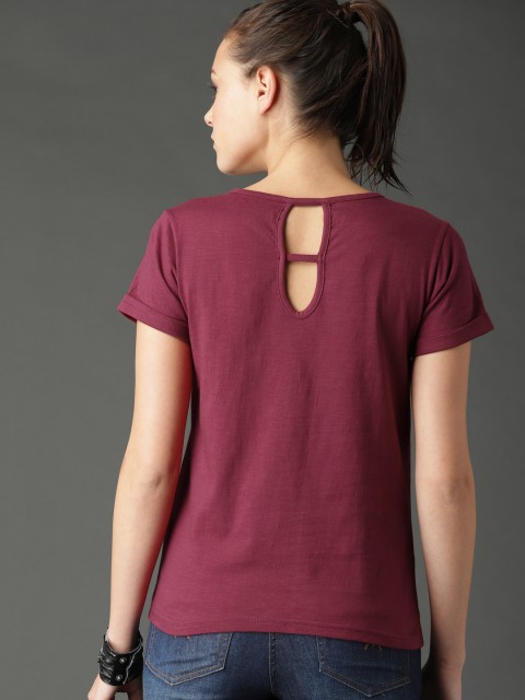 

Roadster Women Burgundy Solid Pure Cotton Top With Back Keyhole