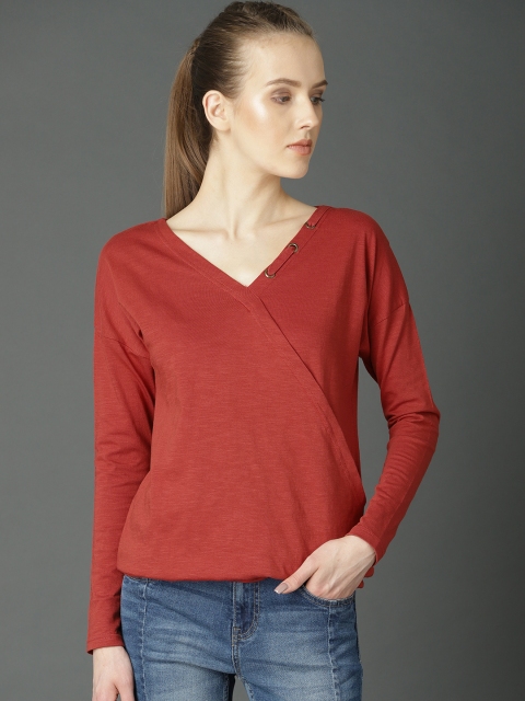 

Roadster Women Red Solid Overlap Pure Cotton Top With Lacing