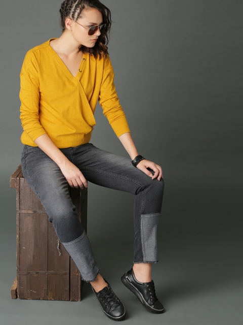 

Roadster Women Mustard Yellow Solid Overlap Pure Cotton Top With Lacing