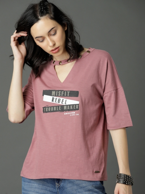 

Roadster Women Taupe Printed Pure Cotton Top