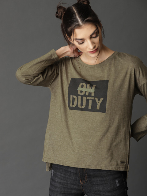 

Roadster Women Olive Green Graphic Top with Side Zipper