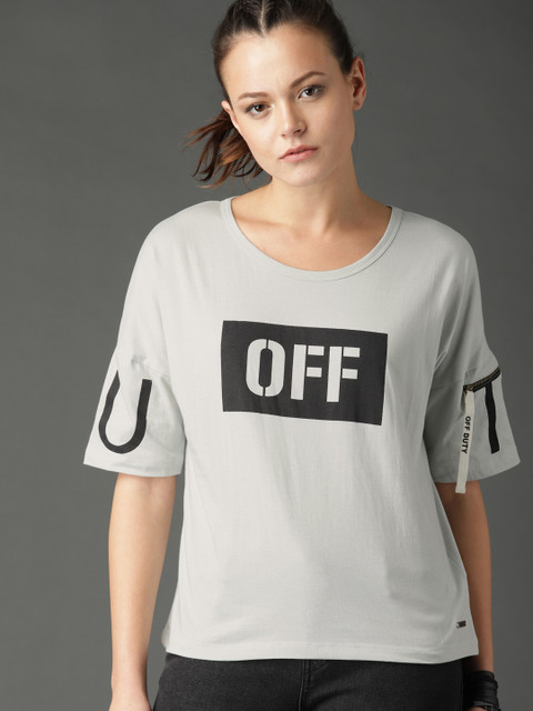 

Roadster Women Grey Graphic Top With Sleeve Zipper