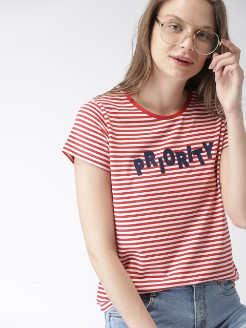 

Mast & Harbour Women Off-White Striped Round Neck T-shirt