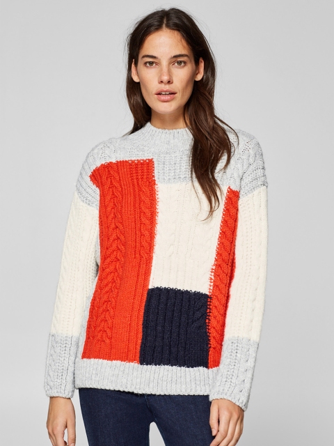 

ESPRIT Women Orange & Grey Colourblocked Pullover