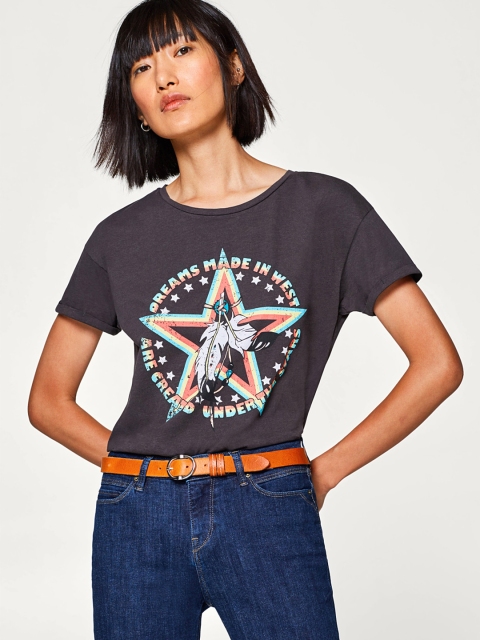 

ESPRIT Women Charcoal Grey Printed Round Neck T-shirt