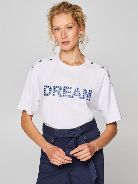 

ESPRIT Women White Printed Round Neck T-shirt