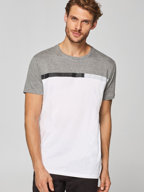 

ESPRIT Men White & Grey Melange Colourblocked Round Neck T-shirt