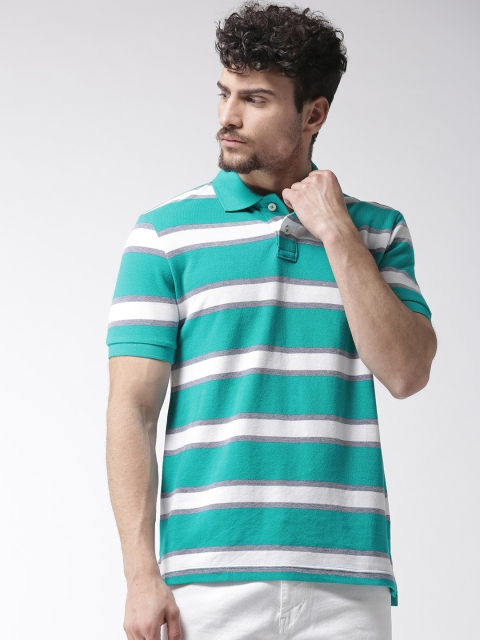 

Aeropostale Men Sea Green & White Striped Polo Collar T-shirt