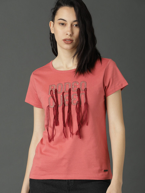 

Roadster Women Rust Red Graphic Pure Cotton T-shirt with Fringes