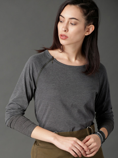 

Roadster Women Charcoal Grey Long Sleeve T-shirt with Zip