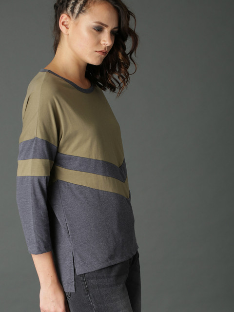 

Roadster Women Olive Green & Grey Colourblocked 3/4 Sleeve T-shirt