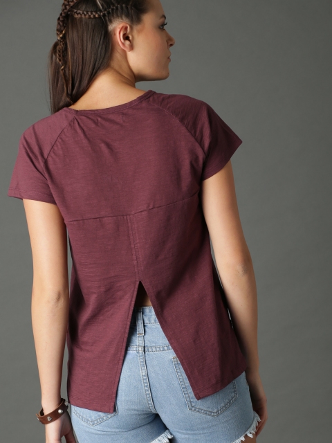 

Roadster Women Burgundy Solid Pure Cotton Top With Back Slit