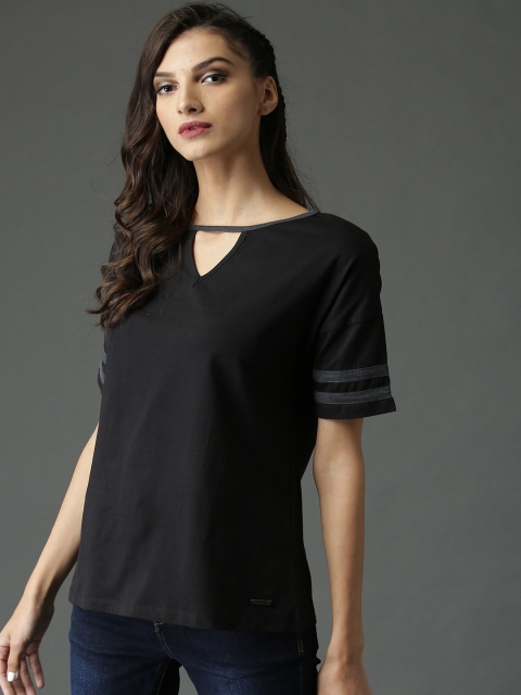 

Roadster Women Black Solid Pure Cotton Top With Neck Cutout