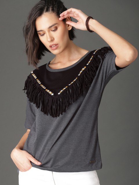 

Roadster Women Charcoal Grey & Black Embroidered Fringe Yoke Pure Cotton Top