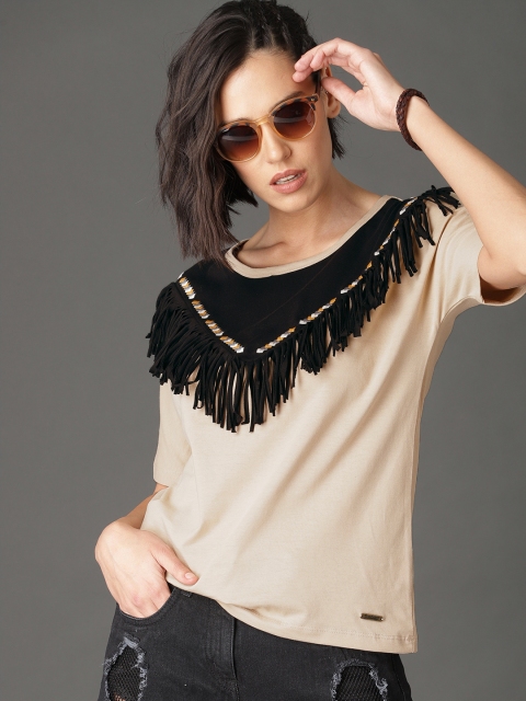 

Roadster Women Beige & Black Embroidered Fringe Yoke Pure Cotton Top