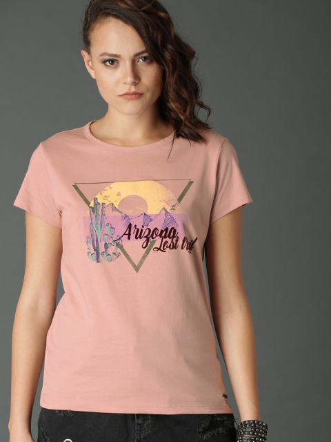 

Roadster Women Pink Printed Round Neck Pure Cotton T-shirt