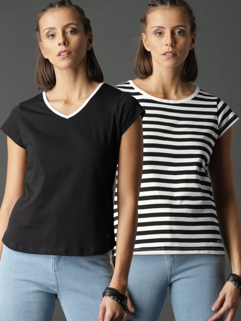 

Roadster Women Pack of 2 Solid & Striped T-shirts, Black