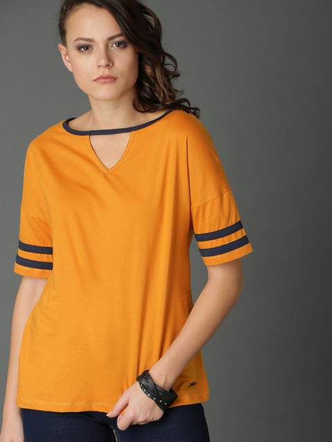 

Roadster Women Mustard Solid Pure Cotton Top With Neck Cutout
