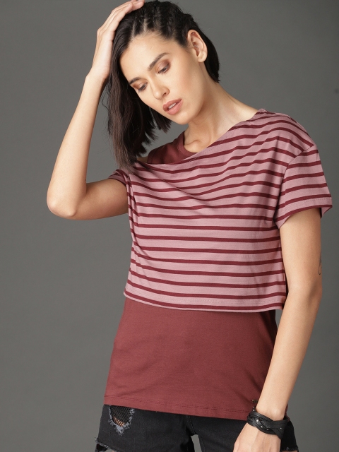 

Roadster Women Maroon Striped Layered Pure Cotton Tank T-shirt