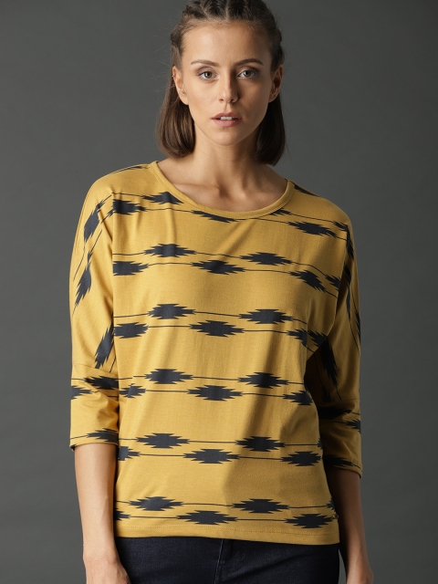 

Roadster Women Mustard Yellow & Black Printed Round Neck T-shirt