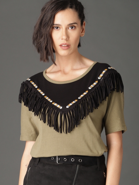 

Roadster Women Olive Green & Black Embroidered Fringe Yoke Top