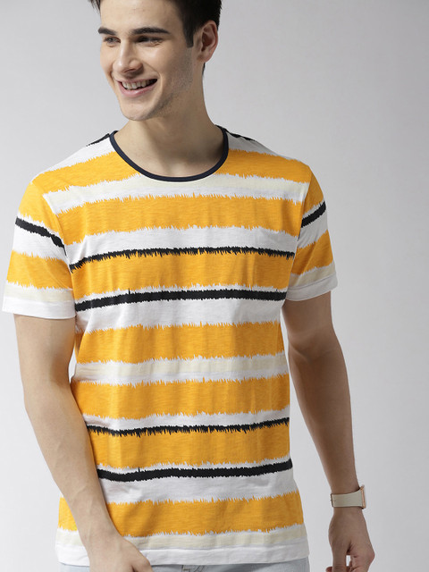 

Mast & Harbour Men Yellow & White Striped Round Neck T-shirt