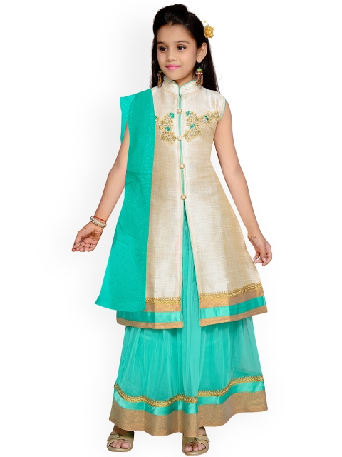 

Kidling Girls Beige & Green Embellished Ready to Wear Lehenga & Blouse with Dupatta