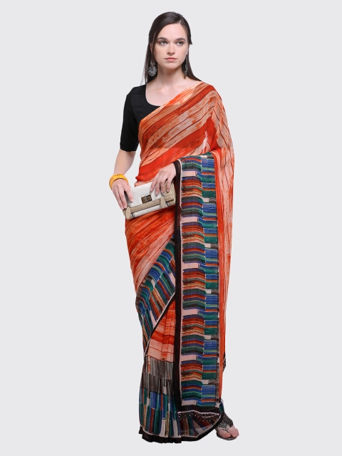 

Ligalz Brown Striped Poly Chiffon Saree