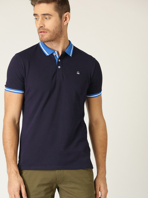 

United Colors of Benetton Men Navy Blue Solid Polo Collar T-shirt