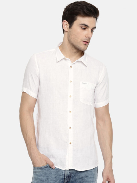 

Pepe Jeans Men White Regular Fit Solid Casual Linen Shirt