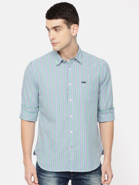 

Pepe Jeans Men Blue & Green Regular Fit Striped Casual Shirt