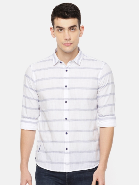 

Pepe Jeans Men White & Navy Blue Tobias Regular Fit Self-Striped Casual Shirt