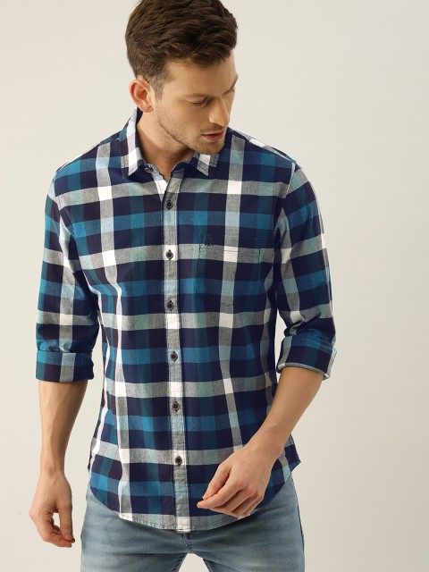 

United Colors of Benetton Men Navy Blue & Teal Slim Fit Checked Casual Shirt