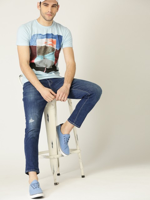 

United Colors of Benetton Men Blue Regular Fit Mid-Rise Low Distress Stretchable Jeans