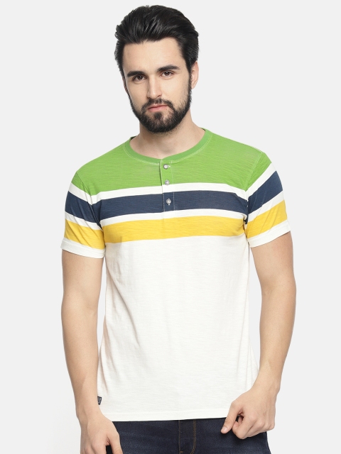 

Pepe Jeans Men Cream-Coloured Green Striped Henley Neck Pure Cotton T-shirt