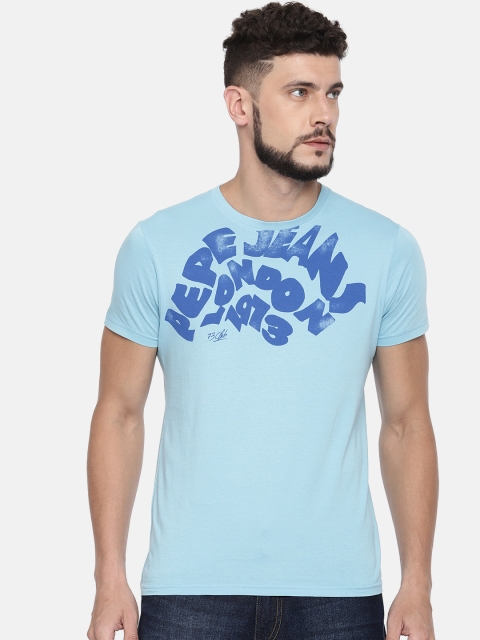 

Pepe Jeans Men Blue Printed Round Neck Pure Cotton T-shirt