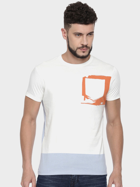 

Pepe Jeans Men White Blue Colourblocked Slim Fit Round Neck Pure Cotton T-shirt