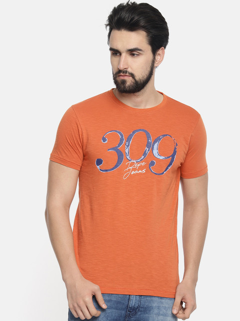 

Pepe Jeans Men Orange Printed Round Neck Pure Cotton T-shirt
